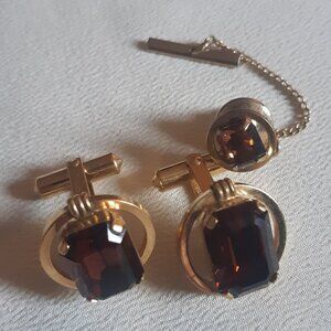 Rare Destino Vintage 12KG F Amber Glass Cuff Links & Tie Tack Set